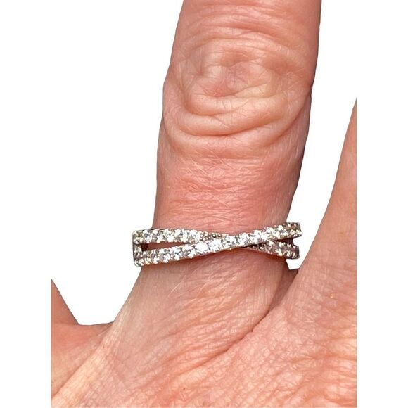 Sterling silver 925 Cz double eternity band with center crossover feature size 7 - Picture 3 of 8